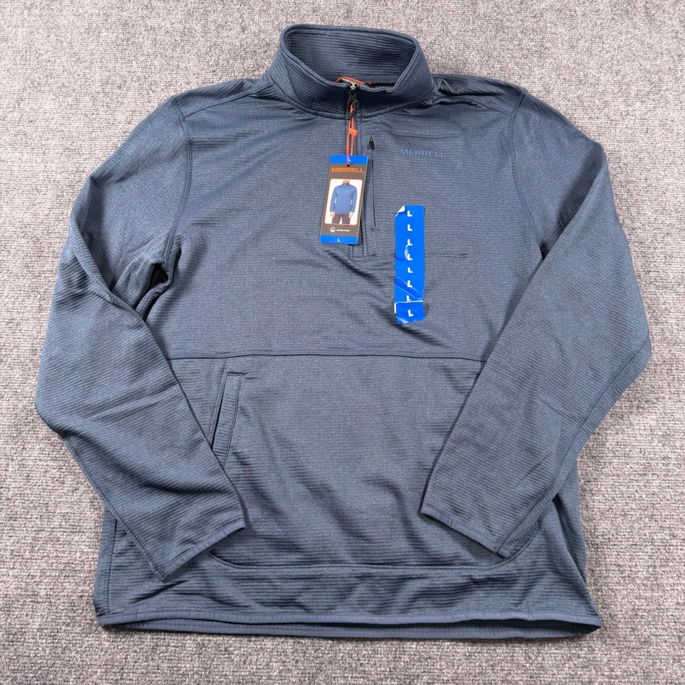 Merrell Quarter Zip Pullover Mens Large Blue Grid Fleece Pocket Hiking Active
